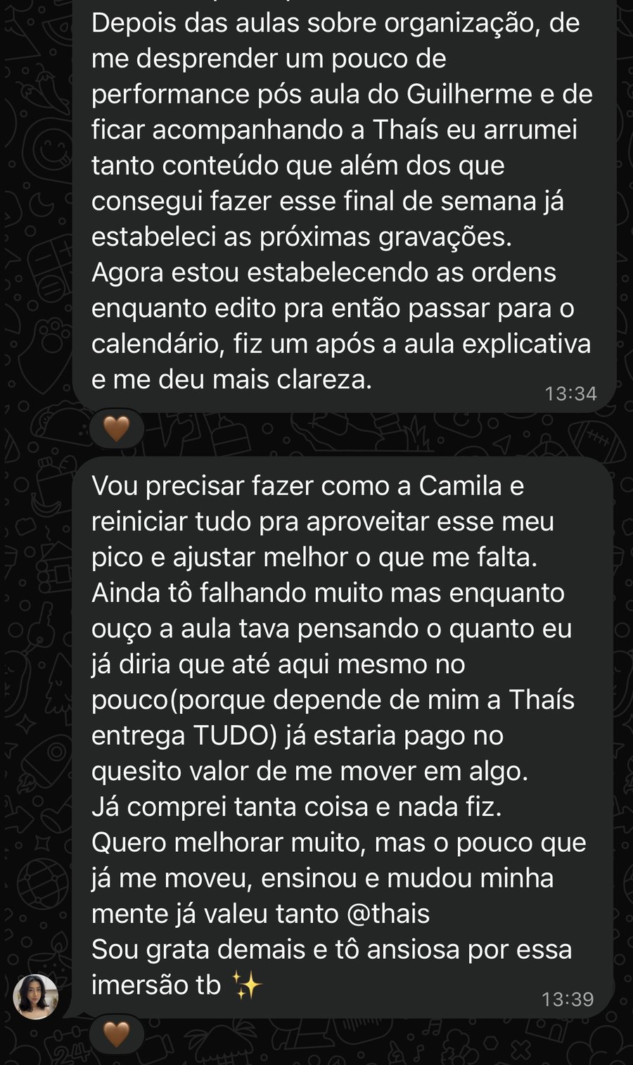 Print do depoimento da Suzane no WhatsApp